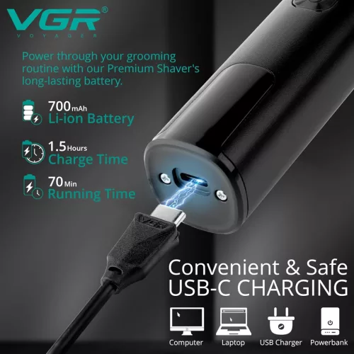 VGR V-371 Elektromos borotva férfiaknak – Kihajtható trimmelővel, vezeték nélküli, IPX5 vízálló, nedves és száraz borotválkozáshoz