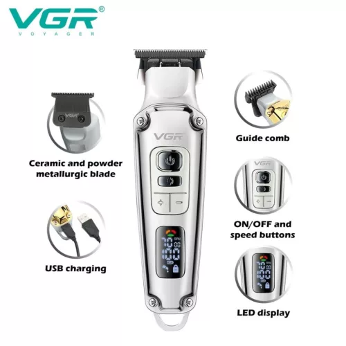 VGR V-931 Profesionálne strihače vlasov s digitálnym displejom, 5500–7000 ot./min, prevádzková doba 240 minút, akumulátor 1600 mAh