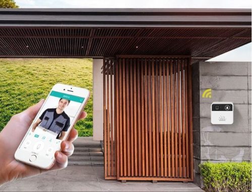 V bunke je text: Inteligentný zvonček, bezdrôtový wifi videotelefón - Vyzeranie cez okno je už minulosť, pozri na svoj telefón, kto zvonia!