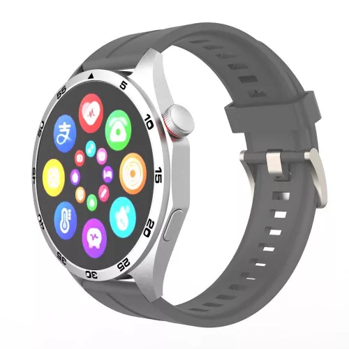 Laxasfit GT4 inteligentné hodinky striebornej farby s šedým silikonovým remienkom - Meranie pulzu, krvného tlaku, obsahu kyslíka v krvi