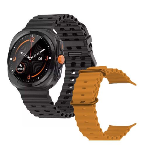 V bunke je text: A25 Ultra Smartwatch čierny ciferník - oranžový, čierny silikónový remienok