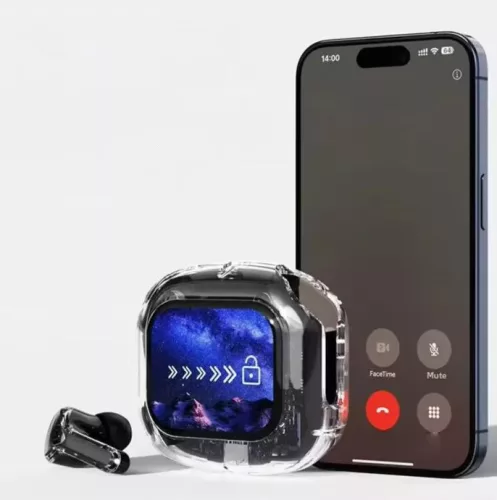 AirMaximo – Čierne bezdrôtové slúchadlá s nabíjacím puzdrom s displejom