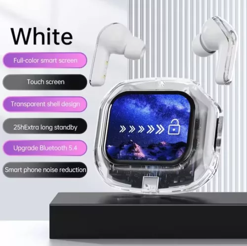 AirMaximo - Biely bezdrôtový slúchadlá s nabíjacím puzdrom s displejom