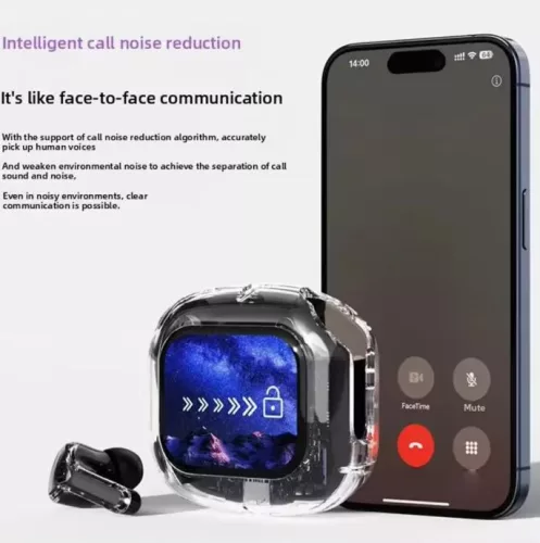 AirMaximo - Biely bezdrôtový slúchadlá s nabíjacím puzdrom s displejom