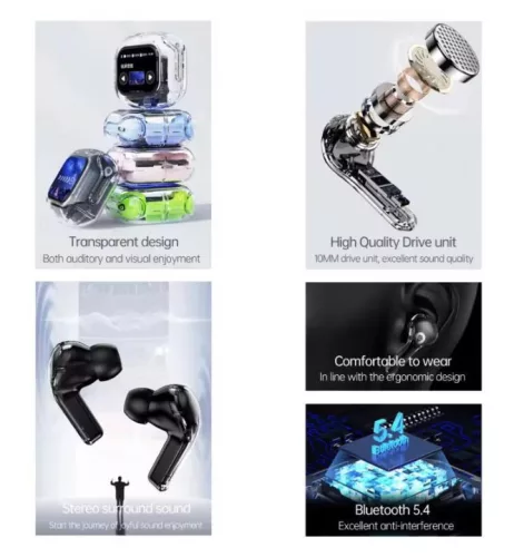 AirMaximo - Biely bezdrôtový slúchadlá s nabíjacím puzdrom s displejom