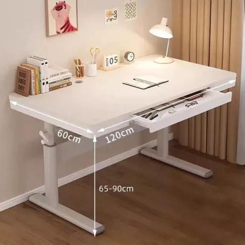 Nastaviteľný výškový pracovný stôl s zásuvkou, biely, 120x60 cm
