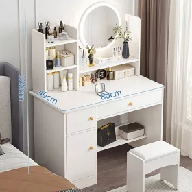   Toaletný stolík so zrkadlom – Úložný priestor s viacerými oddielmi a priestrannou doskou, biely, 80 × 40 × 128 cm