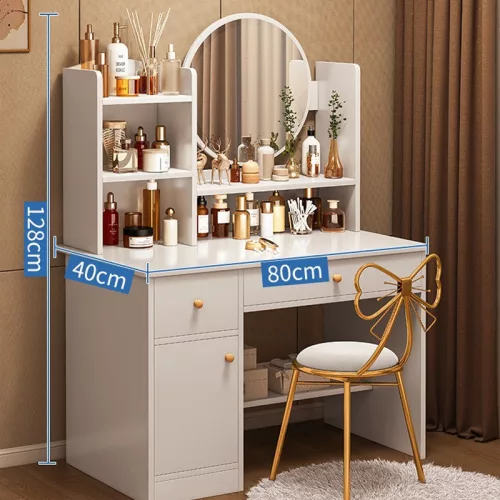 Toaletný stolík so zrkadlom – Úložný priestor s viacerými oddielmi a priestrannou doskou, biely, 80 × 40 × 128 cm