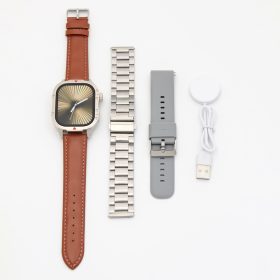   Strieborné inteligentné hodinky ZT09-HM, strieborný silikónový, strieborný kovový, hnedý kožený remienok.