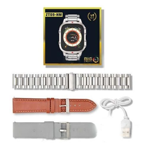 Strieborné inteligentné hodinky ZT09-HM, strieborný silikónový, strieborný kovový, hnedý kožený remienok.