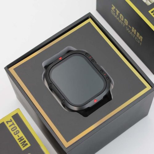 V bunke je text: ZTfit ZT09-HM Čierne inteligentné hodinky, čierne silikónové, kovové a kožené remienky.