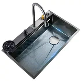   Multifunkčný kuchynský drez, 68 × 45 cm – s integrovanou oplachovačkou pohárov, otočná o 360°, vysúvacia batéria s vodopádovou funkciou - výhodná cena
