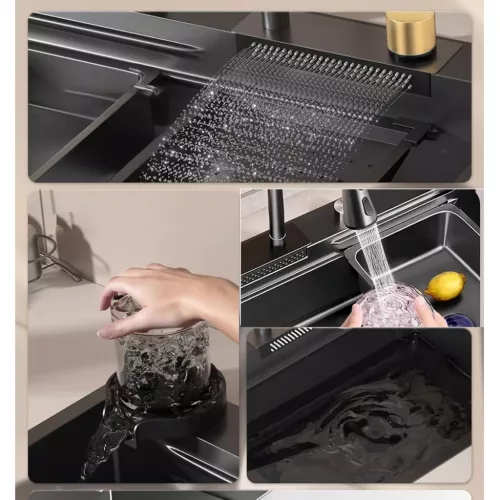 Multifunkčný kuchynský drez, 68 × 45 cm – s integrovanou oplachovačkou pohárov, otočná o 360°, vysúvacia batéria s vodopádovou funkciou - výhodná cena