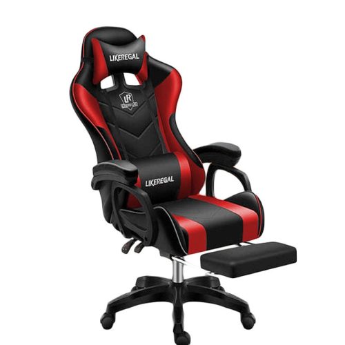 V bunke je text: Likeregal 920 herný stolička s opierkou nôh červená masážna funkcia