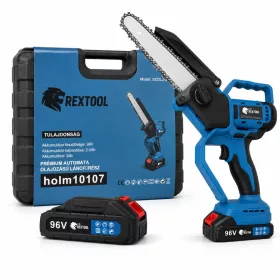   Rextool Premium reťazová píla s automatickým mazaním, s indikátorom nabitia a 2×96 V akumulátormi