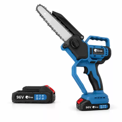 Rextool Premium reťazová píla s automatickým mazaním, s indikátorom nabitia a 2×96 V akumulátormi