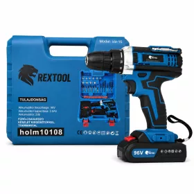   Súprava vŕtačky a skrutkovača Rextool s množstvom príslušenstva, upínacím nástavcom a 2×96 V akumulátormi