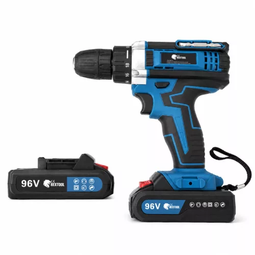 Súprava vŕtačky a skrutkovača Rextool s množstvom príslušenstva, upínacím nástavcom a 2×96 V akumulátormi