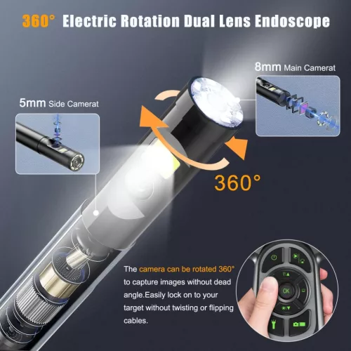 Hiacinto Professzionális Ipari Endoszkóp Kamera – 360° Forgatható Duál Kamera, 5 m Kábel, IP68 Vízálló, 1080P, 5” IPS Kijelző, 32 GB Memóriakártyával