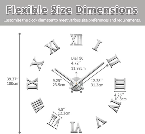 Nagyméretű DIY Modern Halk Falióra – 3D Öntapadós Római Számos, Ezüst Színben (90 cm – 1,8 m, szabadon állítható méret)
