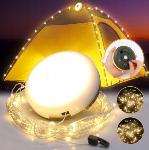 Akkumulátoros LED-es kempinglámpa 10m-es beépített ledszalaggal – Meleg fényű, IPX4 vízállósággal