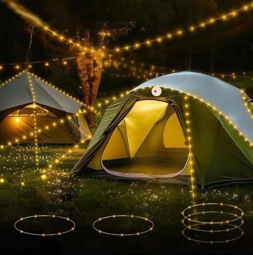 Akkumulátoros LED-es kempinglámpa 10m-es beépített ledszalaggal – Meleg fényű, IPX4 vízállósággal