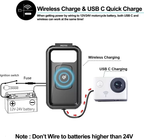 iMESTOU IP67 vízálló motorkerékpár telefontartó L-es méret – vezeték nélküli és USB-C töltéssel