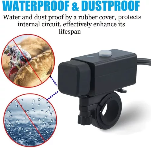 iMESTOU Motoros USB Töltő – 5V 2.1A, vízálló, dupla USB, kapcsolóval és biztosítékkal (12V/24V)