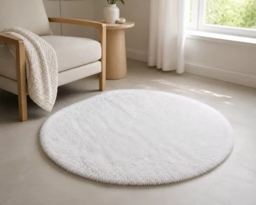 Plyšový koberec z bielej umelej kožušiny, Ø 85 cm, kruhový