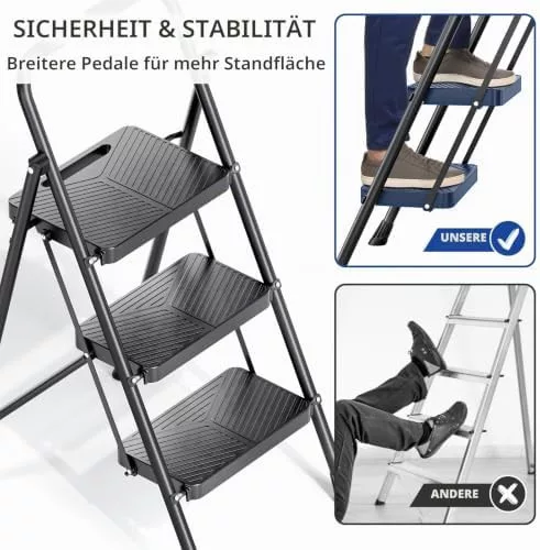 KINGRACK 3-stupňový skladací rebrík, čierny, s bezpečnostnou západkou