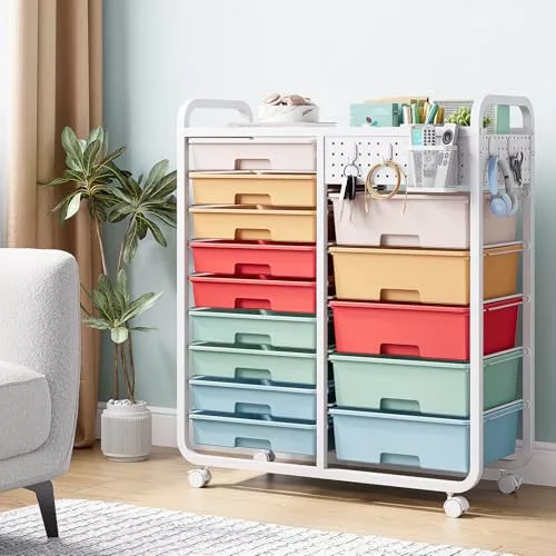 KINGRACK pojazdný úložný vozík s 14 zásuvkami, farebný