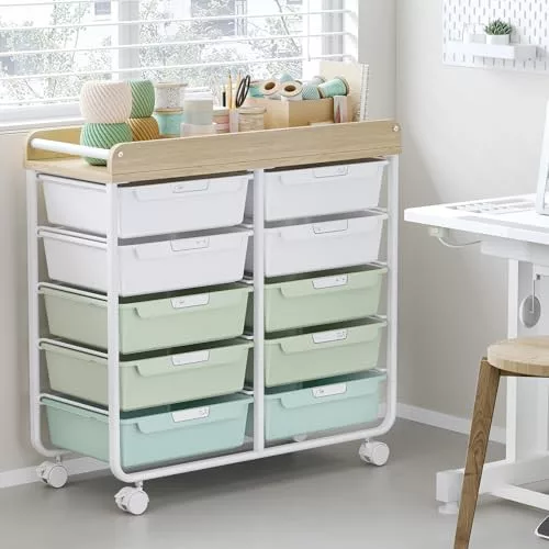 KINGRACK pojazdný úložný vozík s 10 zásuvkami, zelený
