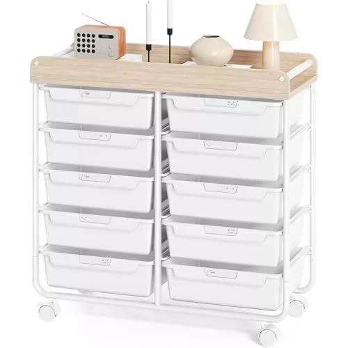 KINGRACK pojazdný úložný vozík s 10 zásuvkami, biely