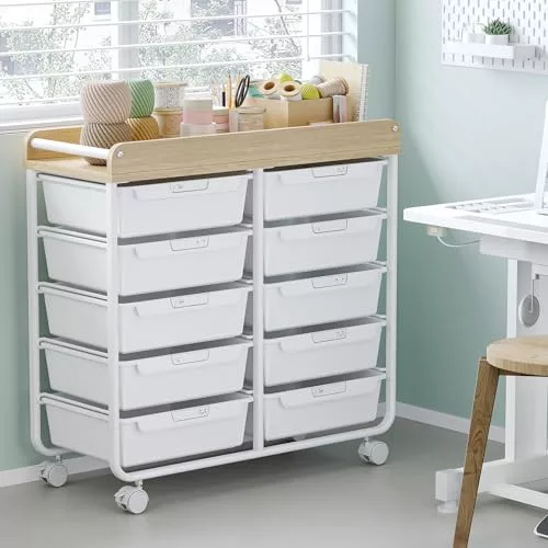 KINGRACK pojazdný úložný vozík s 10 zásuvkami, biely