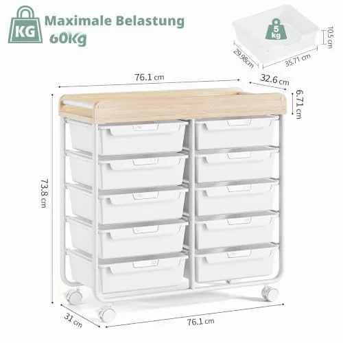 KINGRACK pojazdný úložný vozík s 10 zásuvkami, biely