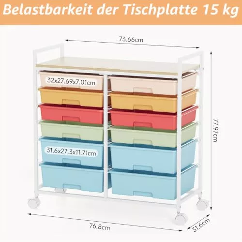 KINGRACK pojazdný úložný vozík s 12 zásuvkami, farebný
