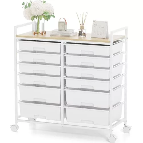 KINGRACK pojazdný úložný vozík s 12 zásuvkami, biely