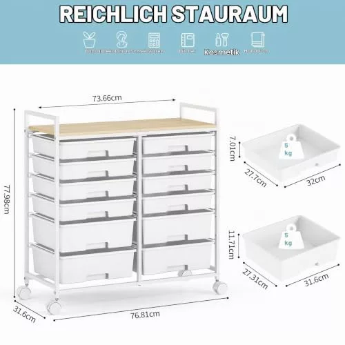 KINGRACK pojazdný úložný vozík s 12 zásuvkami, biely