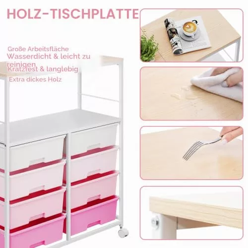 KINGRACK pojazdný úložný vozík s 8 zásuvkami, ružový