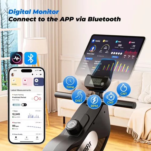 Skladací magnetický veslovací trenažér ONETWOFIT, 16 úrovní, Bluetooth, čierny