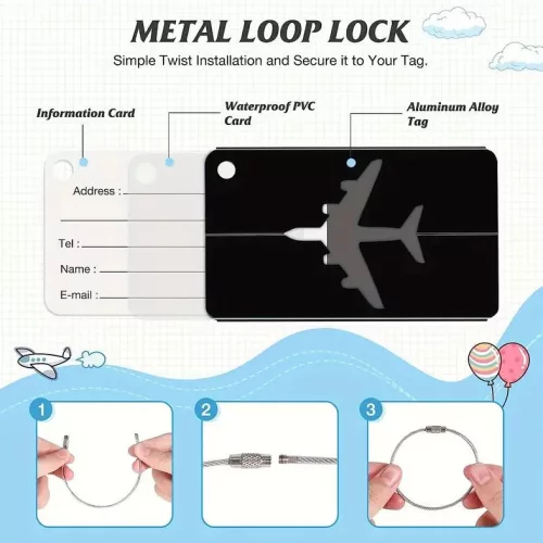 Simply Joy – 5 db-os Poggyászcímke Készlet (Többszínű, Repülőgép Mintás, Alumínium/Acél, 7,5 × 4,4 cm)