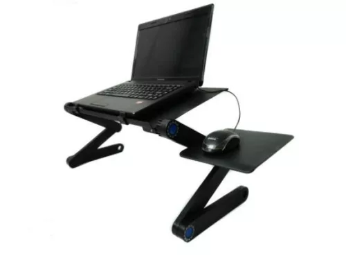 Skladací prenosný stolík s chladiacim ventilátorom.