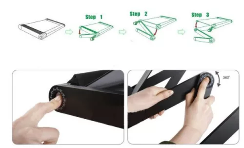 Skladací prenosný stolík s chladiacim ventilátorom.