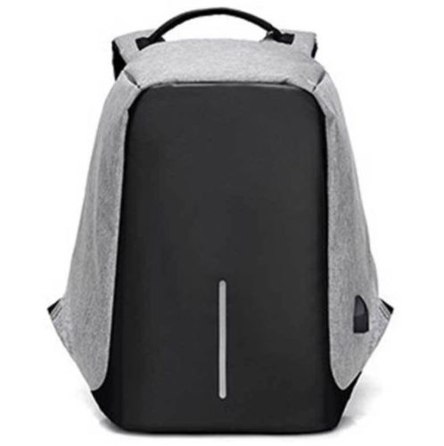 Sivý batoh na notebook s ochranou proti krádeži.