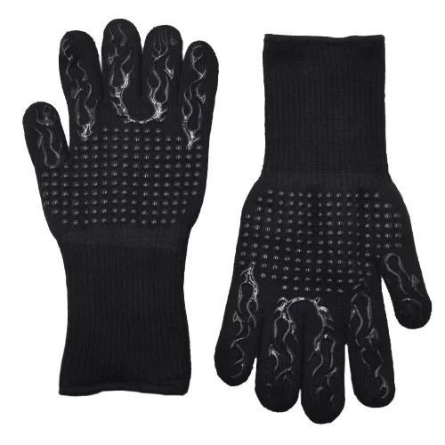 Žiaruvzdorné grilovacie rukavice čierne plameňmi