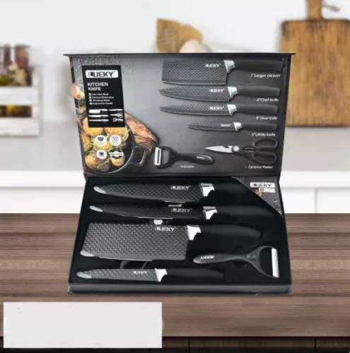 V bunke je text:

Sada 6-dielnej oceľovej nože Lucky LK.WS11