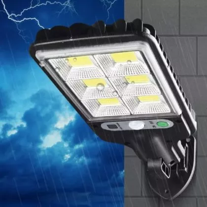 Vonkajšie, vodotesné 120-wattové solárne nástenné svietidlo s detektorom svetla a pohybu.
