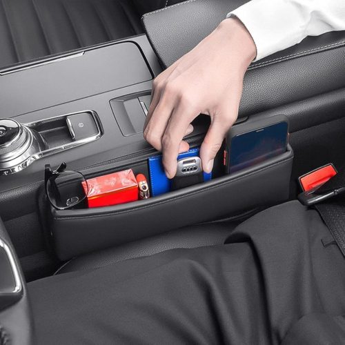 Autós ülésrés kitöltő és tárolódoboz – fekete színű PU bőr