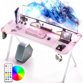   Dowinx RGB Gamer számítógépasztal, 160x60 cm, pink - Pohártartó, fejhallgató tartó, távirányító
