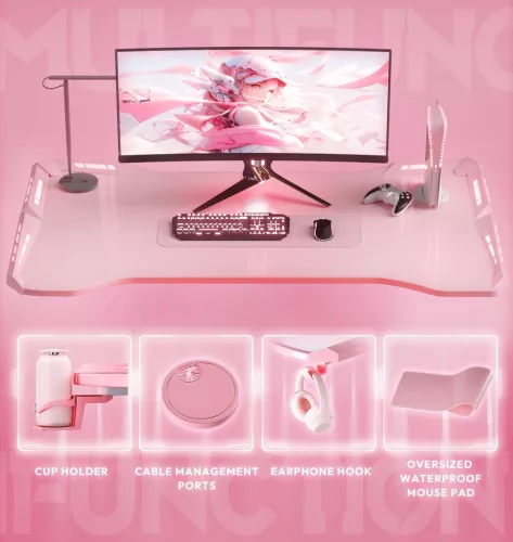 Dowinx RGB Gamer számítógépasztal, 160x60 cm, pink - Pohártartó, fejhallgató tartó, távirányító